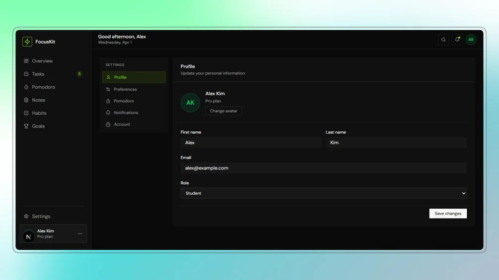 Image of FocusKit Dashboard — Productivity Dashboard Template (Next.js + Tailwind + shadcn/ui)